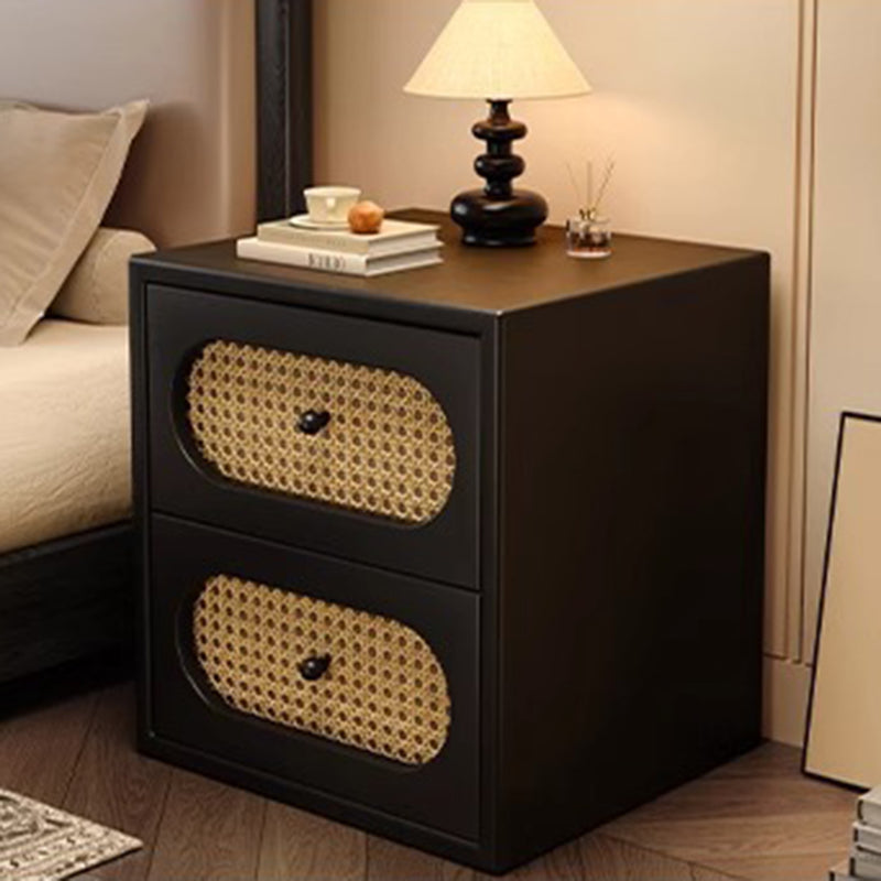 Traditional Japanese Square Rectangular Microfiber Leather MDF Solid Wood Plywood PVC Rattan Weaving Nightstand 2-Drawer For Bedroom