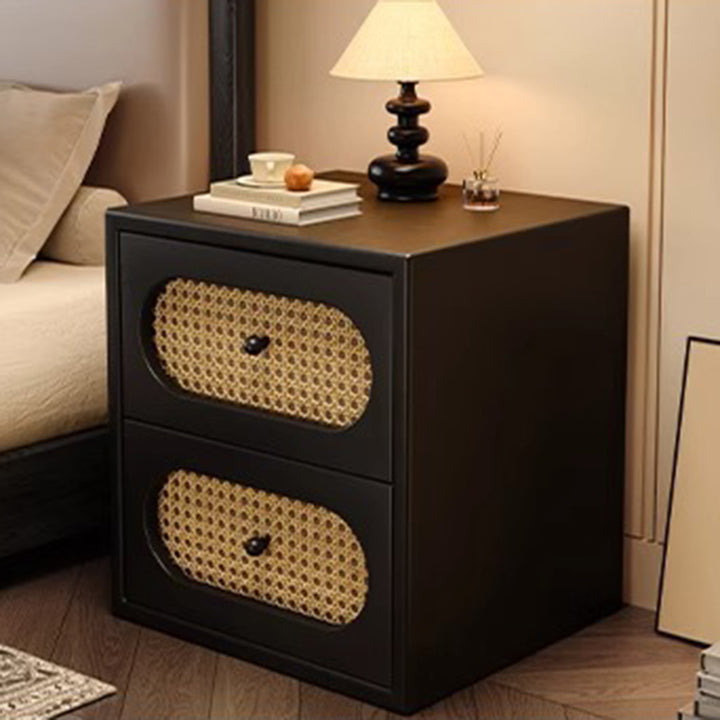 Traditional Japanese Square Rectangular Microfiber Leather MDF Solid Wood Plywood PVC Rattan Weaving Nightstand 2-Drawer For Bedroom