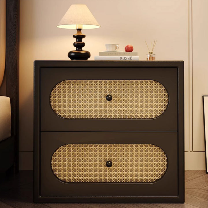 Traditional Japanese Square Rectangular Microfiber Leather MDF Solid Wood Plywood PVC Rattan Weaving Nightstand 2-Drawer For Bedroom