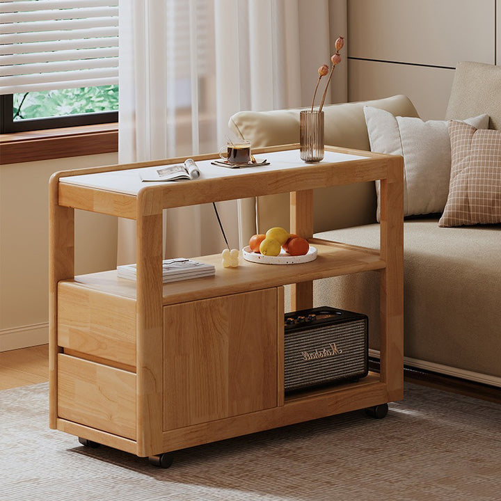 Table d'appoint mobile à 3 niveaux en dalle de pierre rectangulaire minimaliste moderne en bois d'hévéa pour salon 