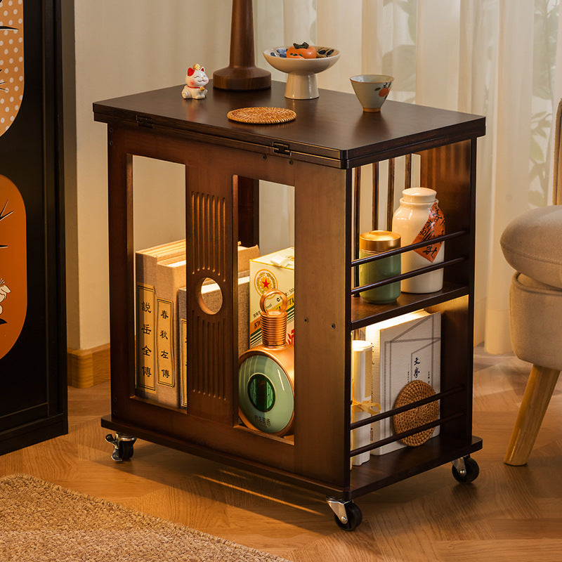 Mesa de café rectangular tradicional china de bambú Nan plegable y móvil de 2 niveles para sala de estar 