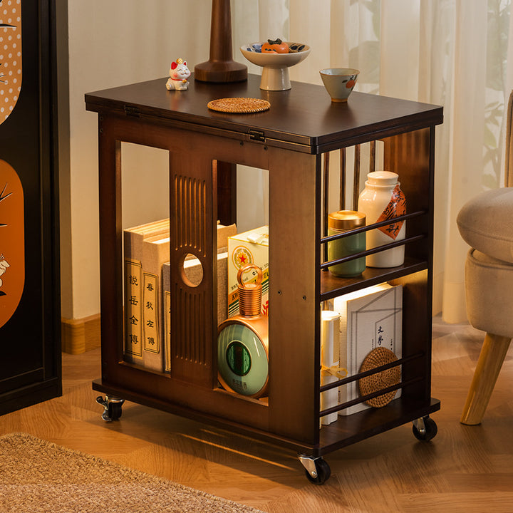 Mesa de café rectangular tradicional china de bambú Nan plegable y móvil de 2 niveles para sala de estar 
