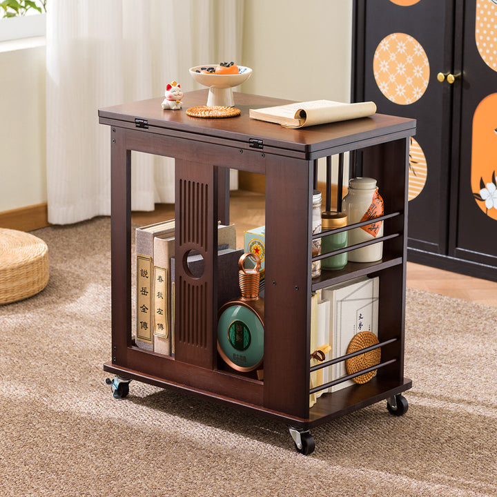 Mesa de café rectangular tradicional china de bambú Nan plegable y móvil de 2 niveles para sala de estar 