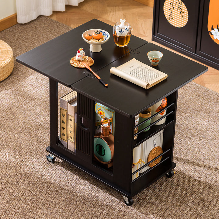 Mesa de café rectangular tradicional china de bambú Nan plegable y móvil de 2 niveles para sala de estar 