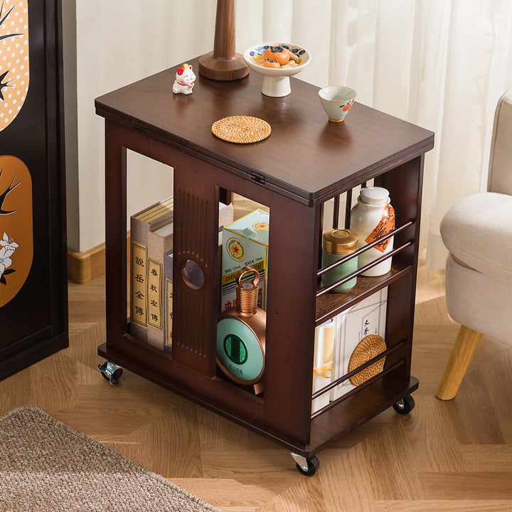 Mesa de café rectangular tradicional china de bambú Nan plegable y móvil de 2 niveles para sala de estar 