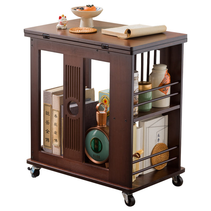 Mesa de café rectangular tradicional china de bambú Nan plegable y móvil de 2 niveles para sala de estar 