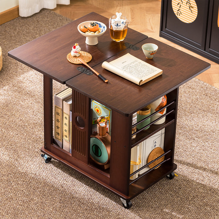 Mesa de café rectangular tradicional china de bambú Nan plegable y móvil de 2 niveles para sala de estar 