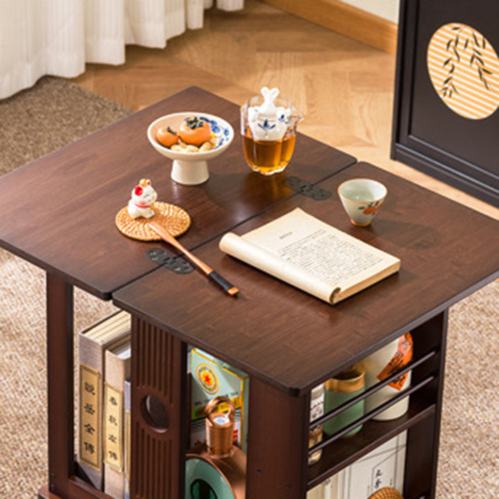 Mesa de café rectangular tradicional china de bambú Nan plegable y móvil de 2 niveles para sala de estar 