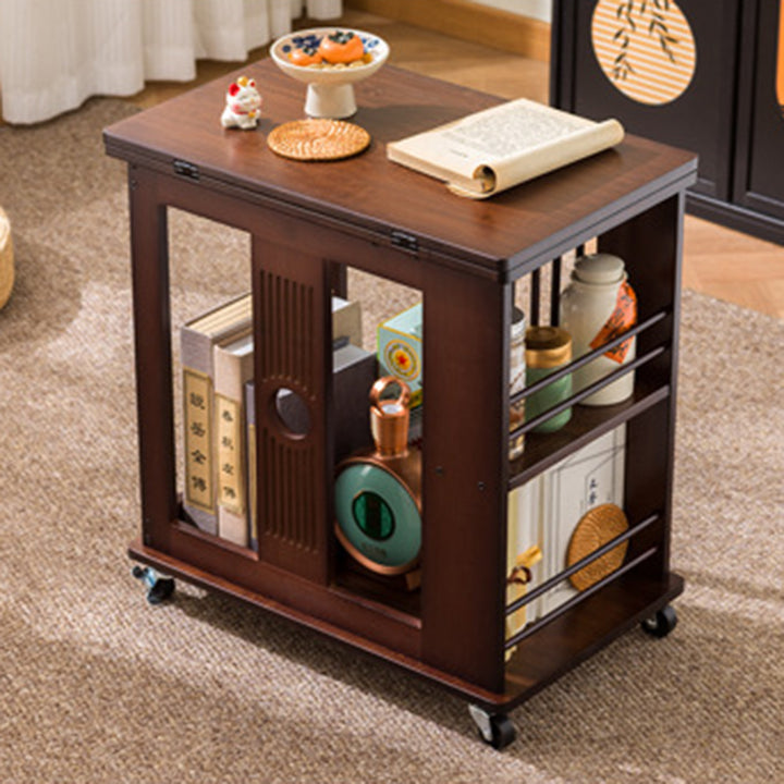 Mesa de café rectangular tradicional china de bambú Nan plegable y móvil de 2 niveles para sala de estar 