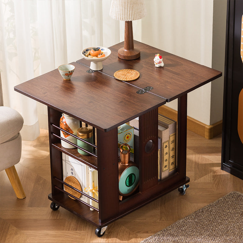 Mesa de café rectangular tradicional china de bambú Nan plegable y móvil de 2 niveles para sala de estar 