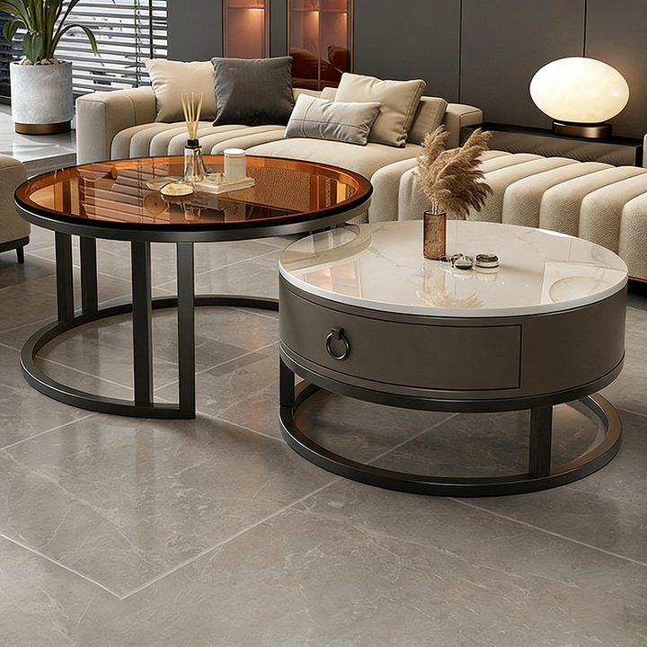 Contemporary Luxury Round Stone Slab Glass MDF PU Leather Solid Wood Plywood Carbon Steel Coffee Table Set 1-Drawer For Living Room