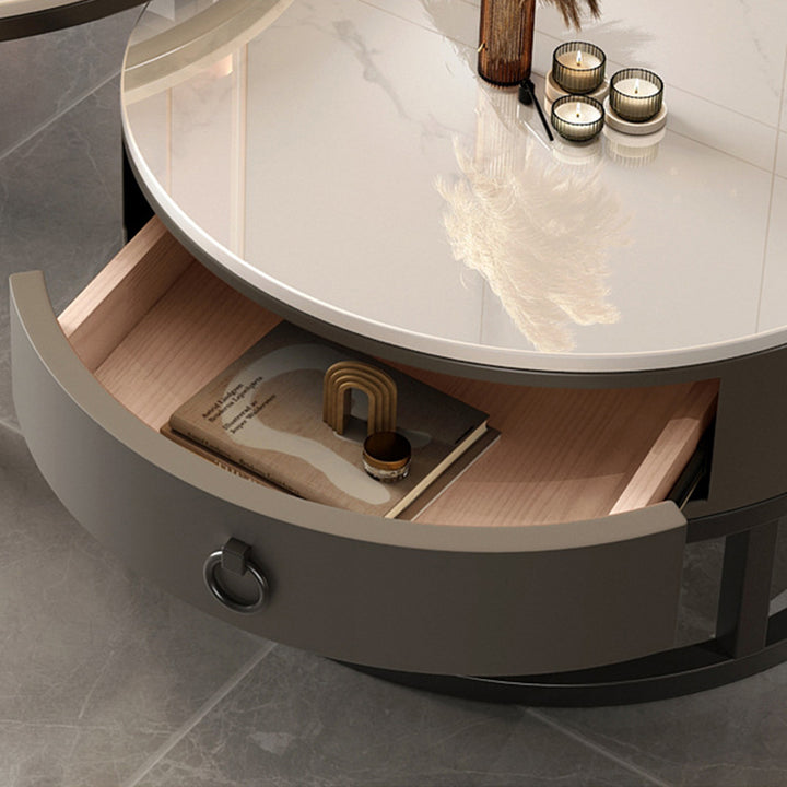 Contemporary Luxury Round Stone Slab Glass MDF PU Leather Solid Wood Plywood Carbon Steel Coffee Table Set 1-Drawer For Living Room