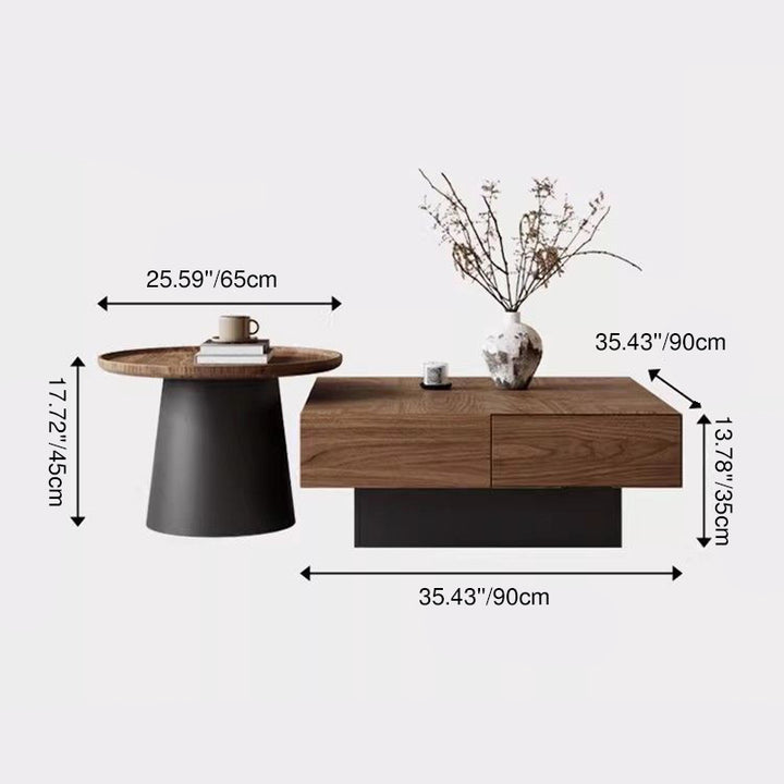 Zeitgenössischer Retro-Quadratischer Runder Kaffeetisch aus Gummibaumholz, Kiefernholz und Edelstahl mit 4 Schubladen für das Wohnzimmer 