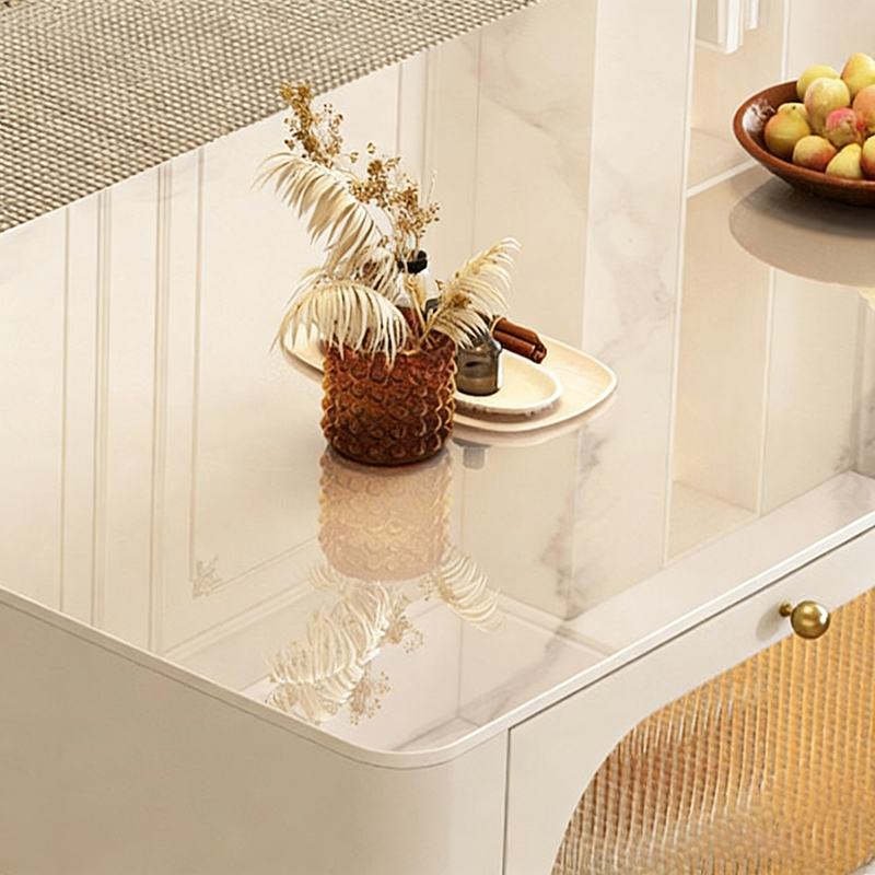 Contemporary Nordic Rectangular Stone Slab Solid Wood Glass Coffee Table 1-Drawer For Living Room