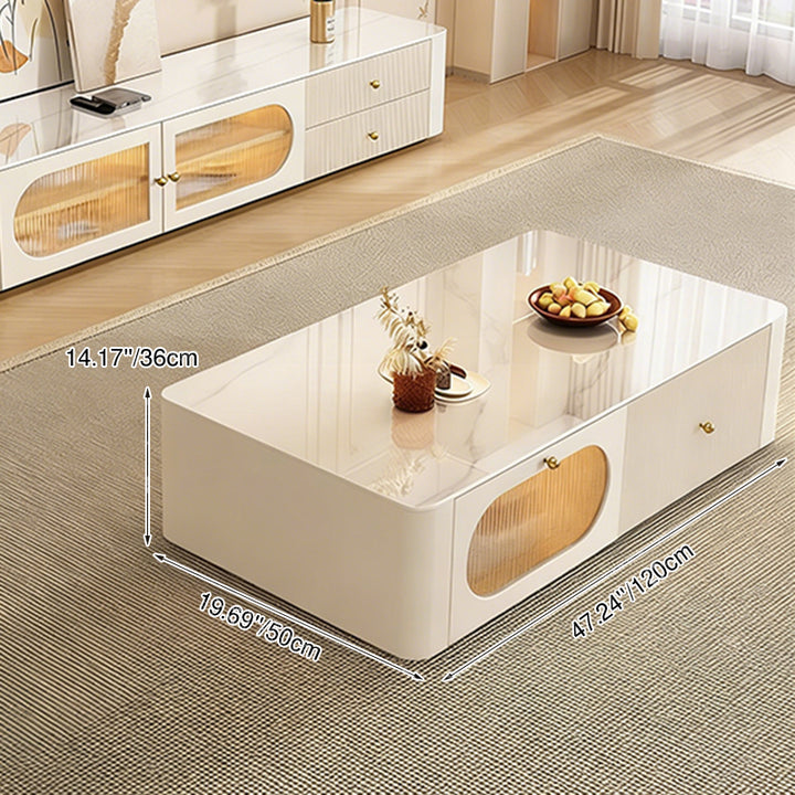 Contemporary Nordic Rectangular Stone Slab Solid Wood Glass Coffee Table 1-Drawer For Living Room