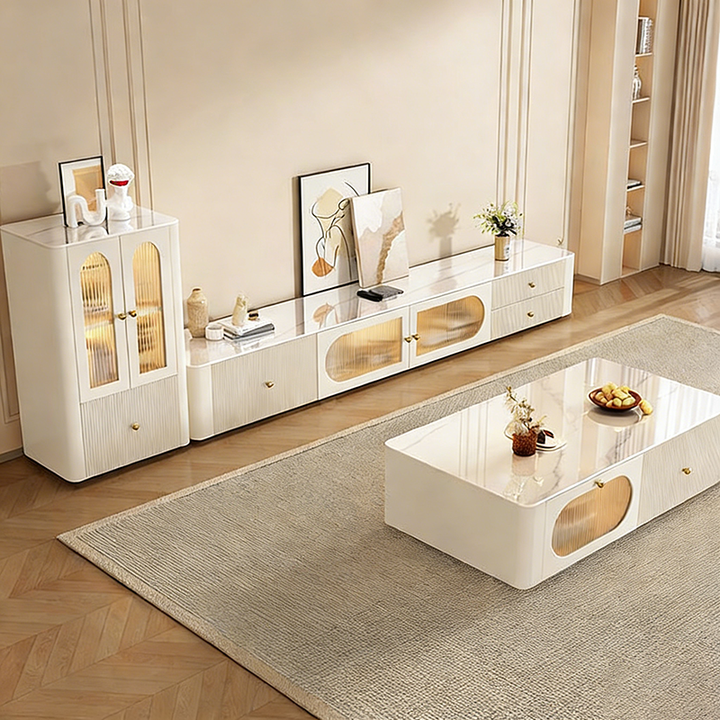 Contemporary Nordic Rectangular Stone Slab Solid Wood Glass Coffee Table 1-Drawer For Living Room