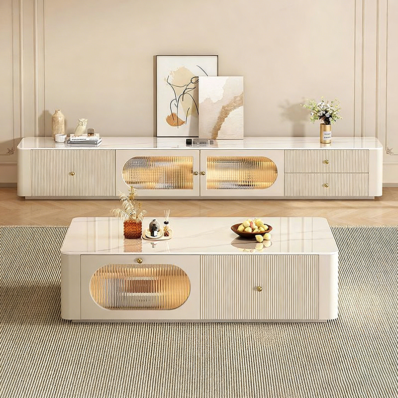 Contemporary Nordic Rectangular Stone Slab Solid Wood Glass Coffee Table 1-Drawer For Living Room
