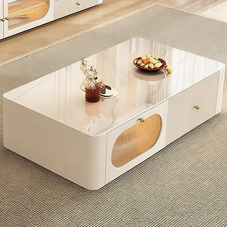 Contemporary Nordic Rectangular Stone Slab Solid Wood Glass Coffee Table 1-Drawer For Living Room