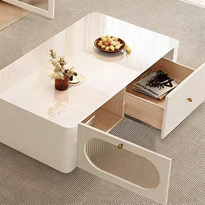 Contemporary Nordic Rectangular Stone Slab Solid Wood Glass Coffee Table 1-Drawer For Living Room