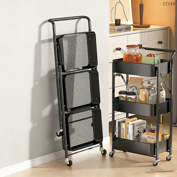 Mesa Auxiliar Plegable Móvil de Acero al Carbono de Plástico Rectangular Minimalista Moderna de 3 Niveles para Sala de Estar 