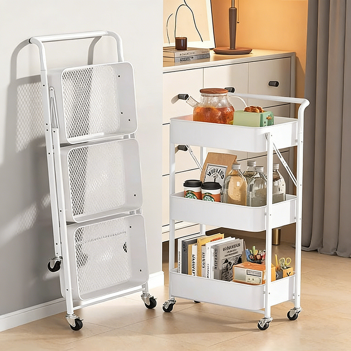 Mesa Auxiliar Plegable Móvil de Acero al Carbono de Plástico Rectangular Minimalista Moderna de 3 Niveles para Sala de Estar 
