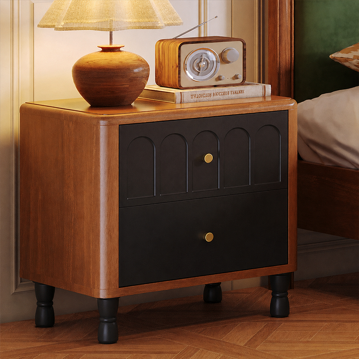Zeitgenössischer Retro-Quadratischer Rechteckiger Nachttisch aus Gummibaum Massivholz Sperrholz mit 2 Schubladen für das Schlafzimmer 