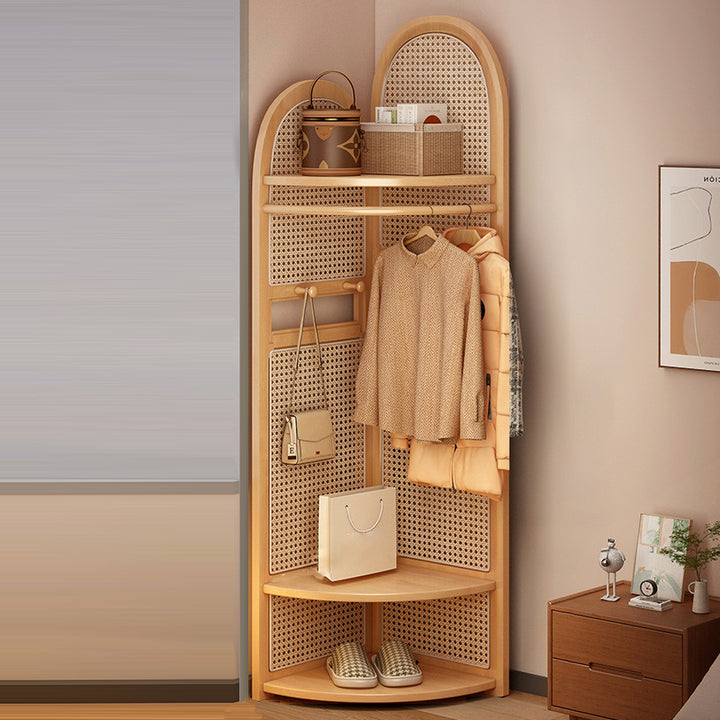 Traditional Japanese Fan-shaped Nan Bamboo Plastic Rattan Weaving Clothes Hanger Corner Shelf Unit 3-Tier For Living Room