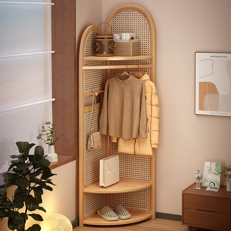 Traditionelles japanisches fächerförmiges Nan Bambus Kunststoff Rattan Weben Kleiderbügel Eckregal 3-stufig für Wohnzimmer 