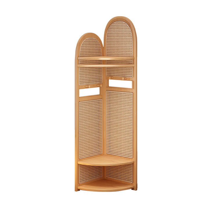 Traditionelles japanisches fächerförmiges Nan Bambus Kunststoff Rattan Weben Kleiderbügel Eckregal 3-stufig für Wohnzimmer 