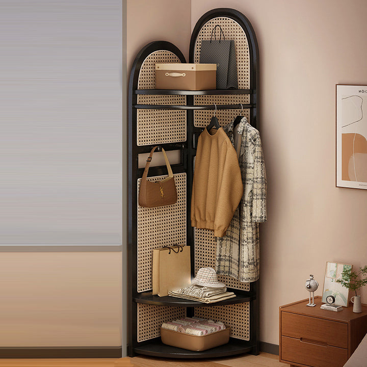 Traditional Japanese Fan-shaped Nan Bamboo Plastic Rattan Weaving Clothes Hanger Corner Shelf Unit 3-Tier For Living Room