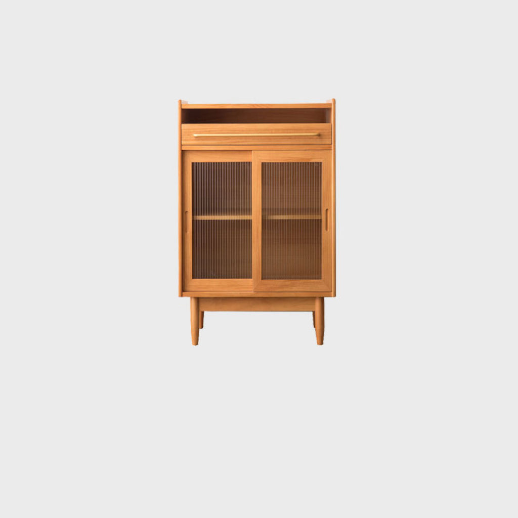 Meuble de rangement contemporain rétro rectangulaire en bois de pin massif, contreplaqué et verre, 1 tiroir, pour salon 