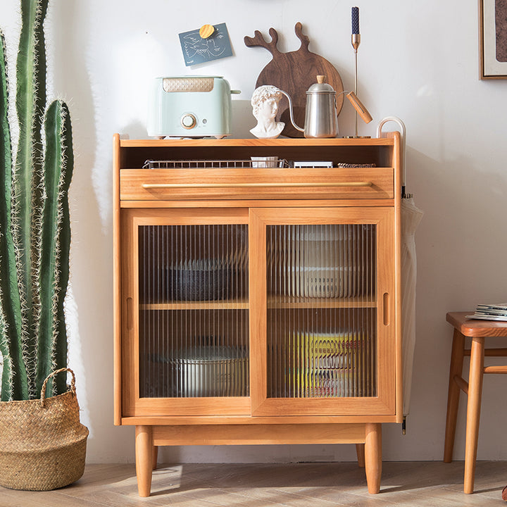 Meuble de rangement contemporain rétro rectangulaire en bois de pin massif, contreplaqué et verre, 1 tiroir, pour salon 