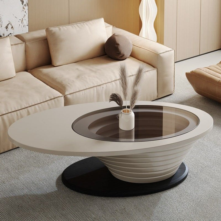 Table basse contemporaine scandinave elliptique en verre et acier pour salon 