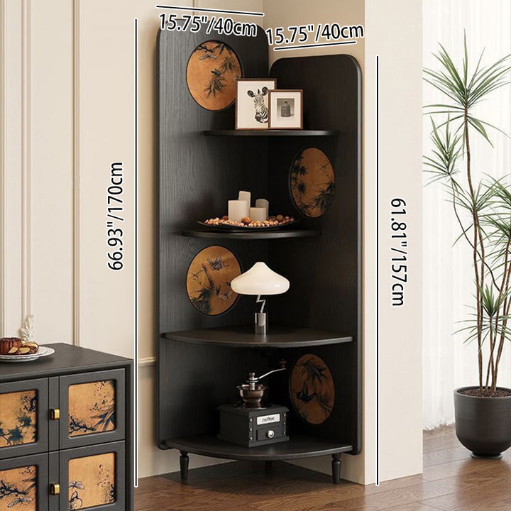 Étagère d'angle à 4 niveaux en hévéa et frêne, en forme d'éventail, style moderne du milieu du siècle, avec soie Xiangyun, pour salon 