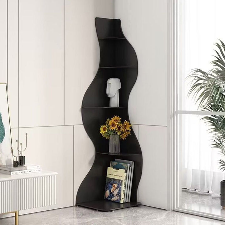 Modern Art Deco Rectangular Wavy Engineered Wood Corner Shelf Unit 5-Tier For Living Room