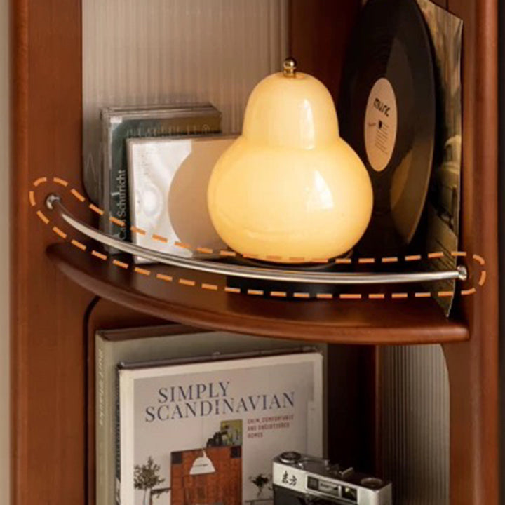 Zeitgenössisches Retro-Fächerförmiges Regal aus Buchsbaumholz, Glas und Edelstahl mit 4 Ebenen für das Wohnzimmer 