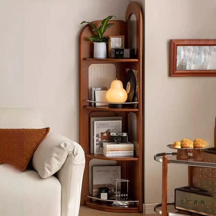 Zeitgenössisches Retro-Fächerförmiges Regal aus Buchsbaumholz, Glas und Edelstahl mit 4 Ebenen für das Wohnzimmer 