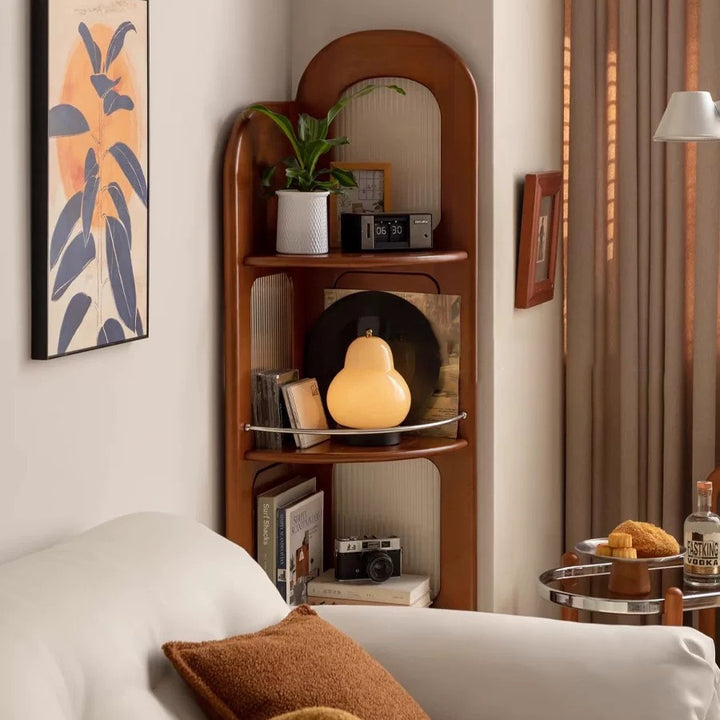 Zeitgenössisches Retro-Fächerförmiges Regal aus Buchsbaumholz, Glas und Edelstahl mit 4 Ebenen für das Wohnzimmer 