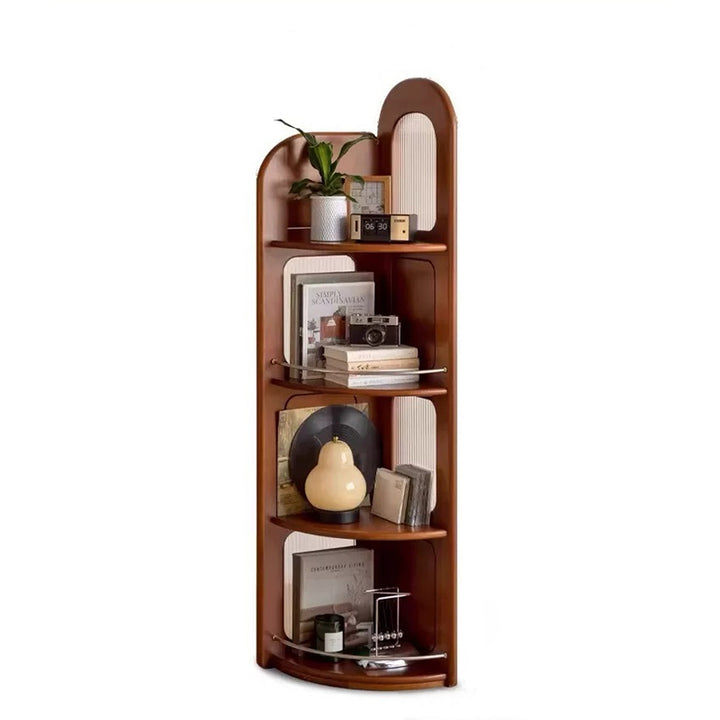 Zeitgenössisches Retro-Fächerförmiges Regal aus Buchsbaumholz, Glas und Edelstahl mit 4 Ebenen für das Wohnzimmer 