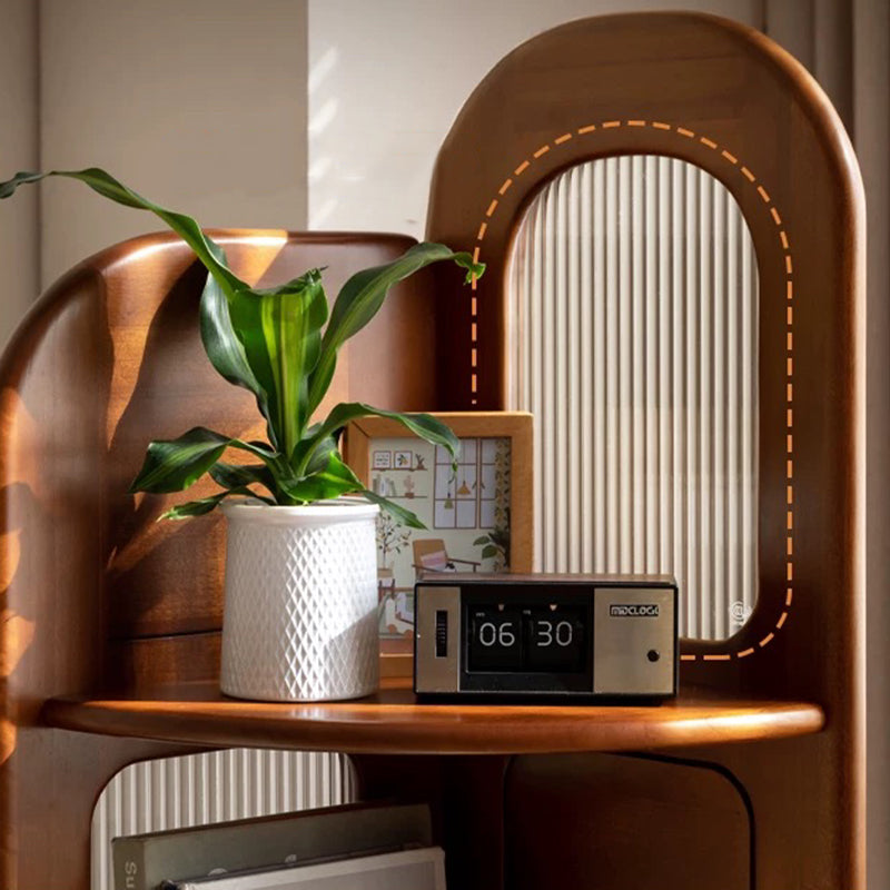 Zeitgenössisches Retro-Fächerförmiges Regal aus Buchsbaumholz, Glas und Edelstahl mit 4 Ebenen für das Wohnzimmer 