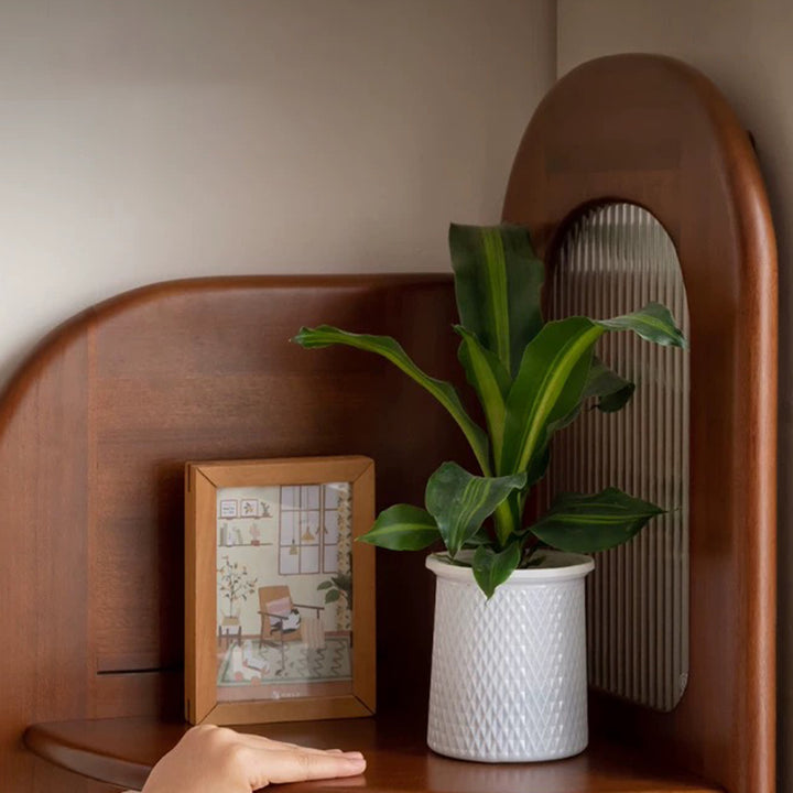 Zeitgenössisches Retro-Fächerförmiges Regal aus Buchsbaumholz, Glas und Edelstahl mit 4 Ebenen für das Wohnzimmer 