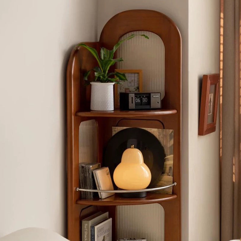 Zeitgenössisches Retro-Fächerförmiges Regal aus Buchsbaumholz, Glas und Edelstahl mit 4 Ebenen für das Wohnzimmer 
