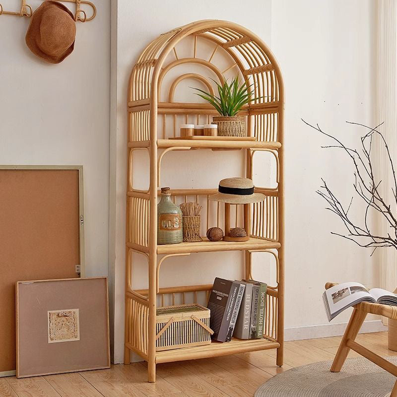 Contemporary Coastal Arched Rectangular Indonesian Rattan Display Rack 3-Tier For Living Room