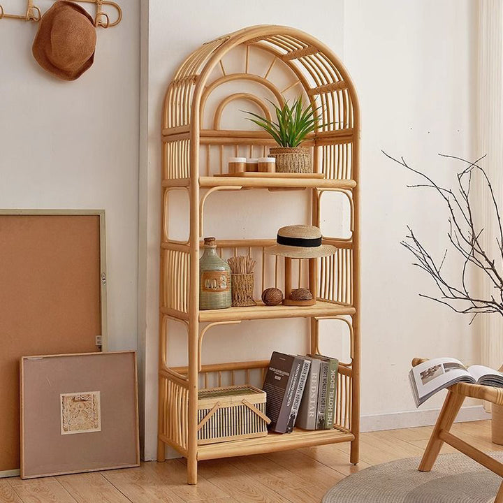 Contemporary Coastal Arched Rectangular Indonesian Rattan Display Rack 3-Tier For Living Room