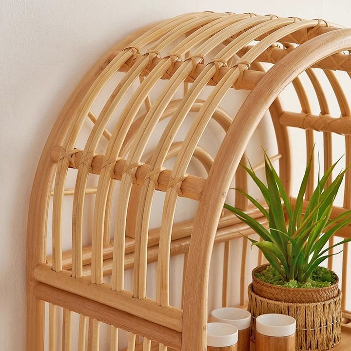 Contemporary Coastal Arched Rectangular Indonesian Rattan Display Rack 3-Tier For Living Room
