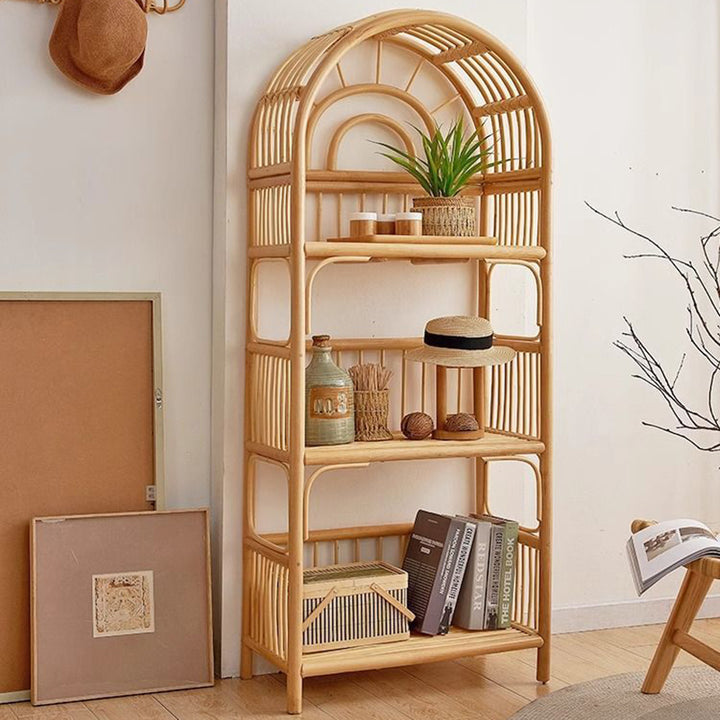 Contemporary Coastal Arched Rectangular Indonesian Rattan Display Rack 3-Tier For Living Room