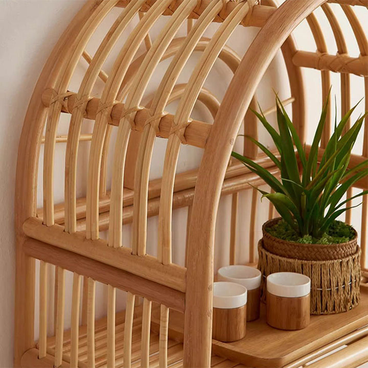 Contemporary Coastal Arched Rectangular Indonesian Rattan Display Rack 3-Tier For Living Room