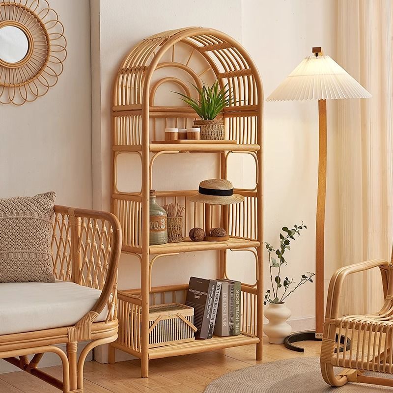Contemporary Coastal Arched Rectangular Indonesian Rattan Display Rack 3-Tier For Living Room