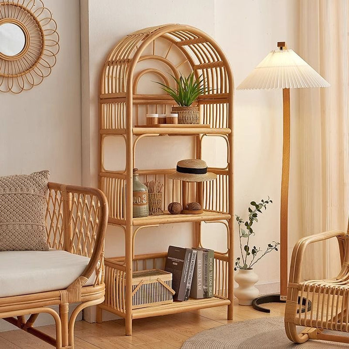 Contemporary Coastal Arched Rectangular Indonesian Rattan Display Rack 3-Tier For Living Room