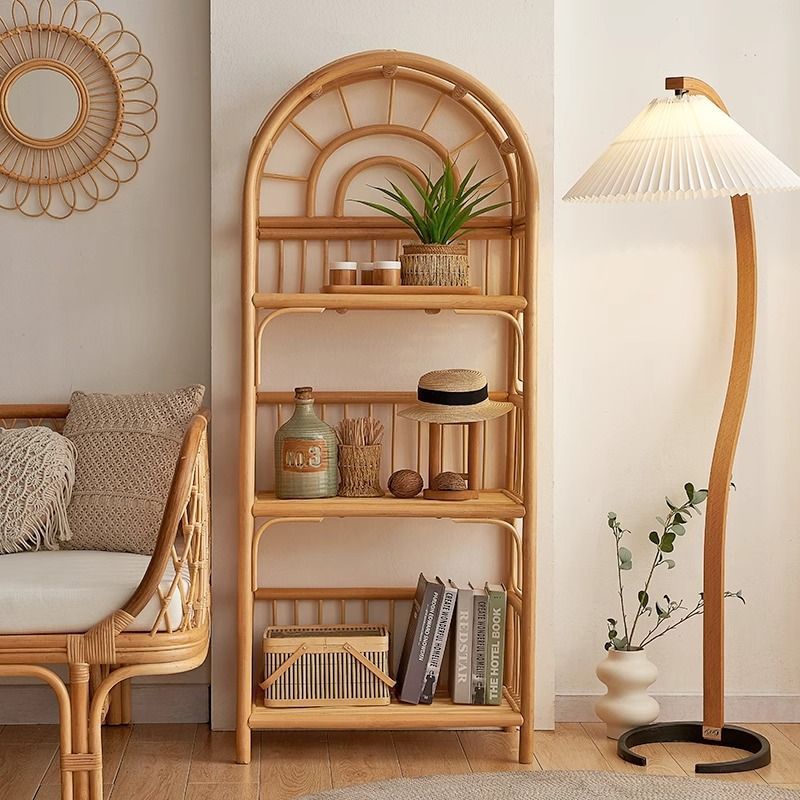 Contemporary Coastal Arched Rectangular Indonesian Rattan Display Rack 3-Tier For Living Room